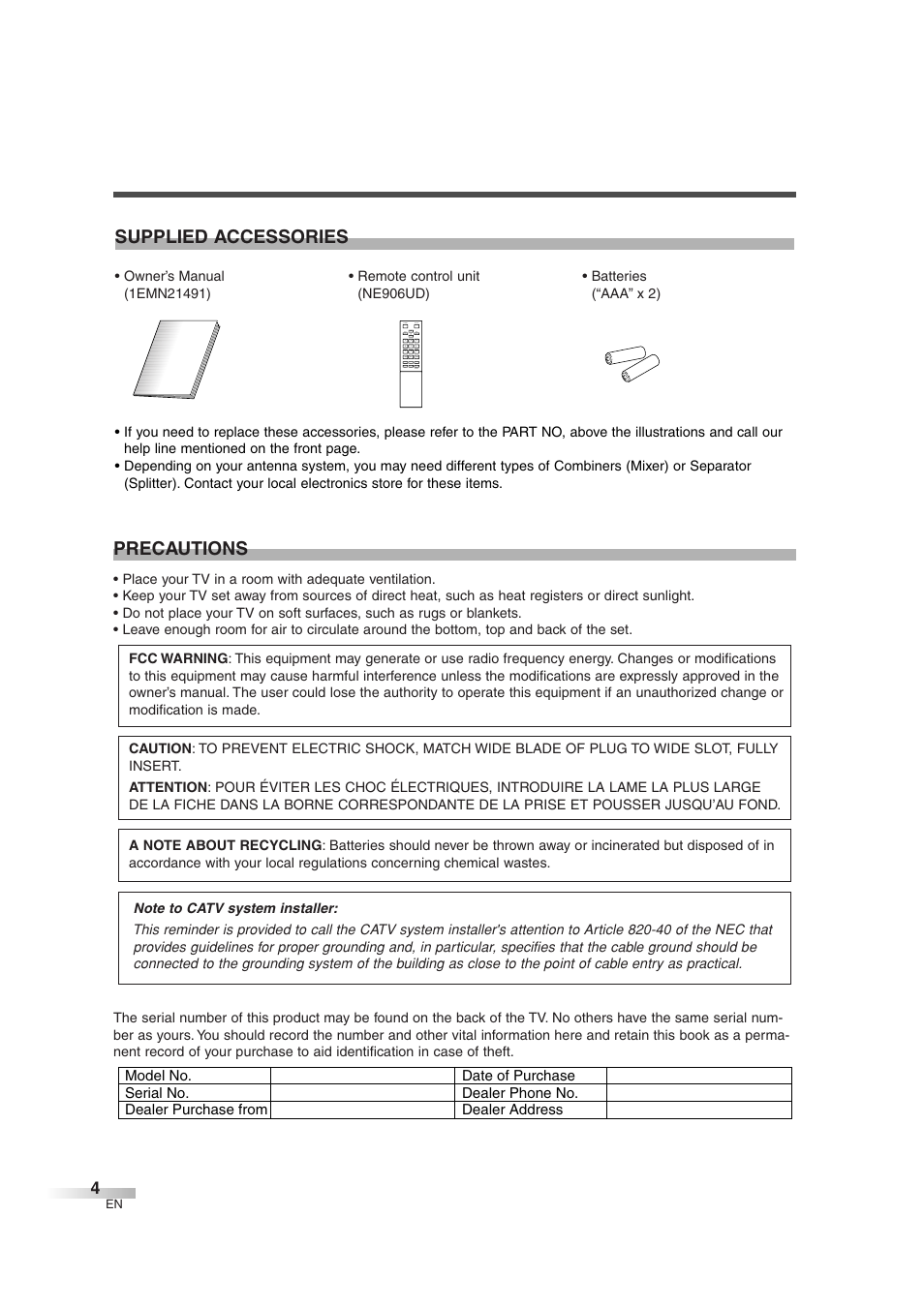 Precautions, Supplied accessories | FUNAI IWT3206 User Manual | Page 4 / 76