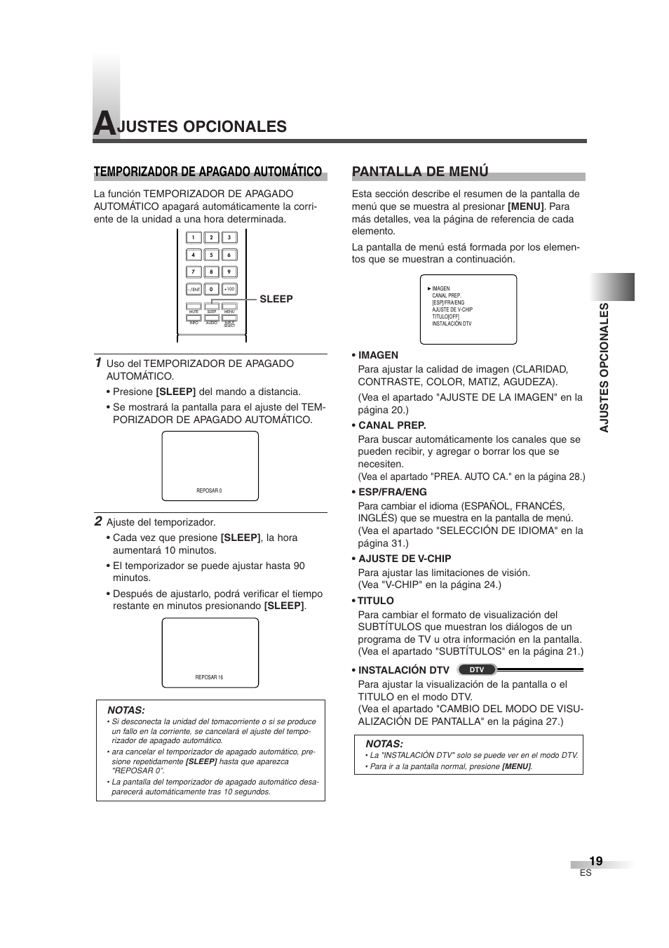 Justes opcionales, Temporizador de apagado automático, Pantalla de menú | Ajustes opcionales | FUNAI IWT3206 User Manual | Page 57 / 76