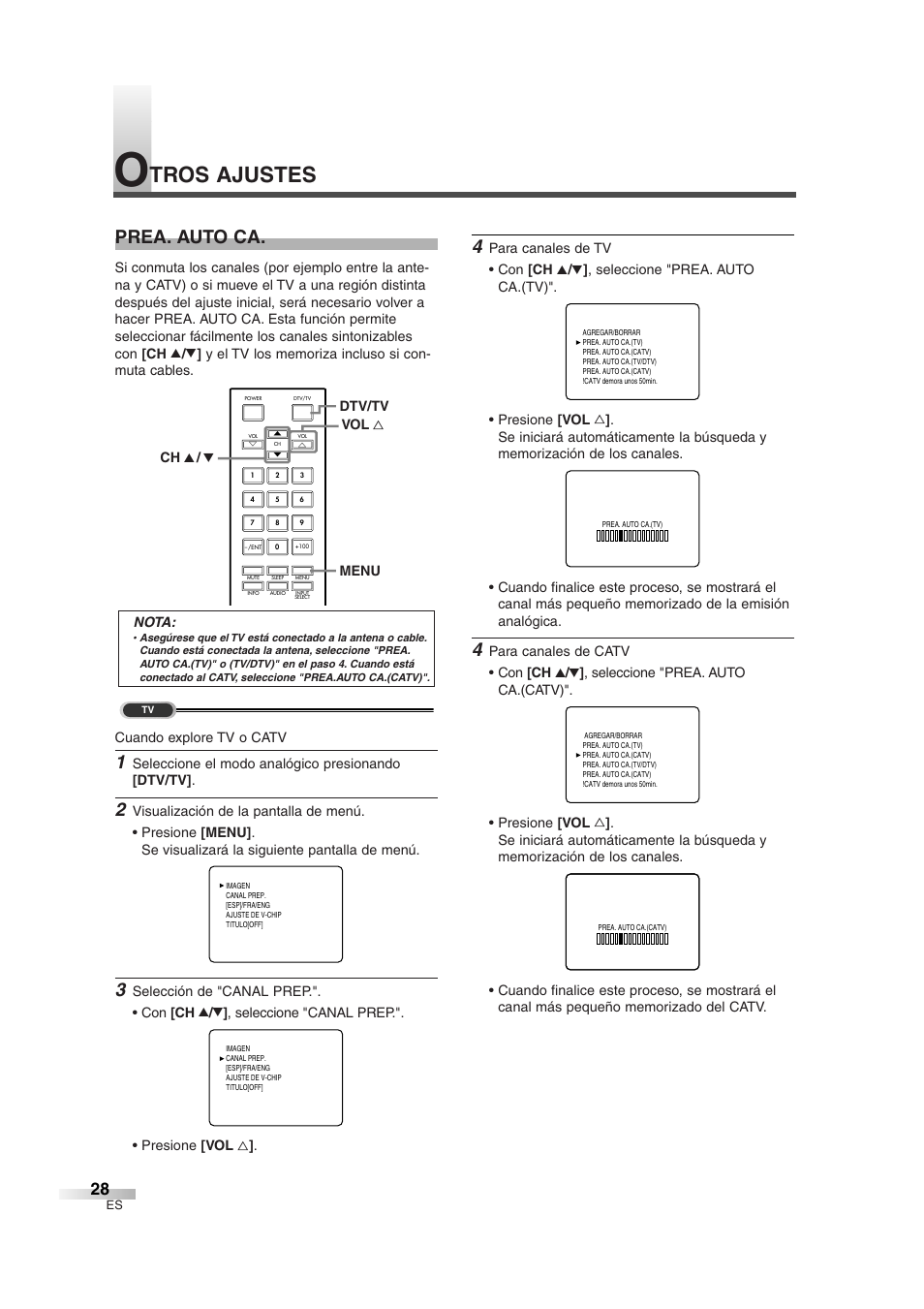 Tros ajustes, Prea. auto ca | FUNAI IWT3206 User Manual | Page 66 / 76