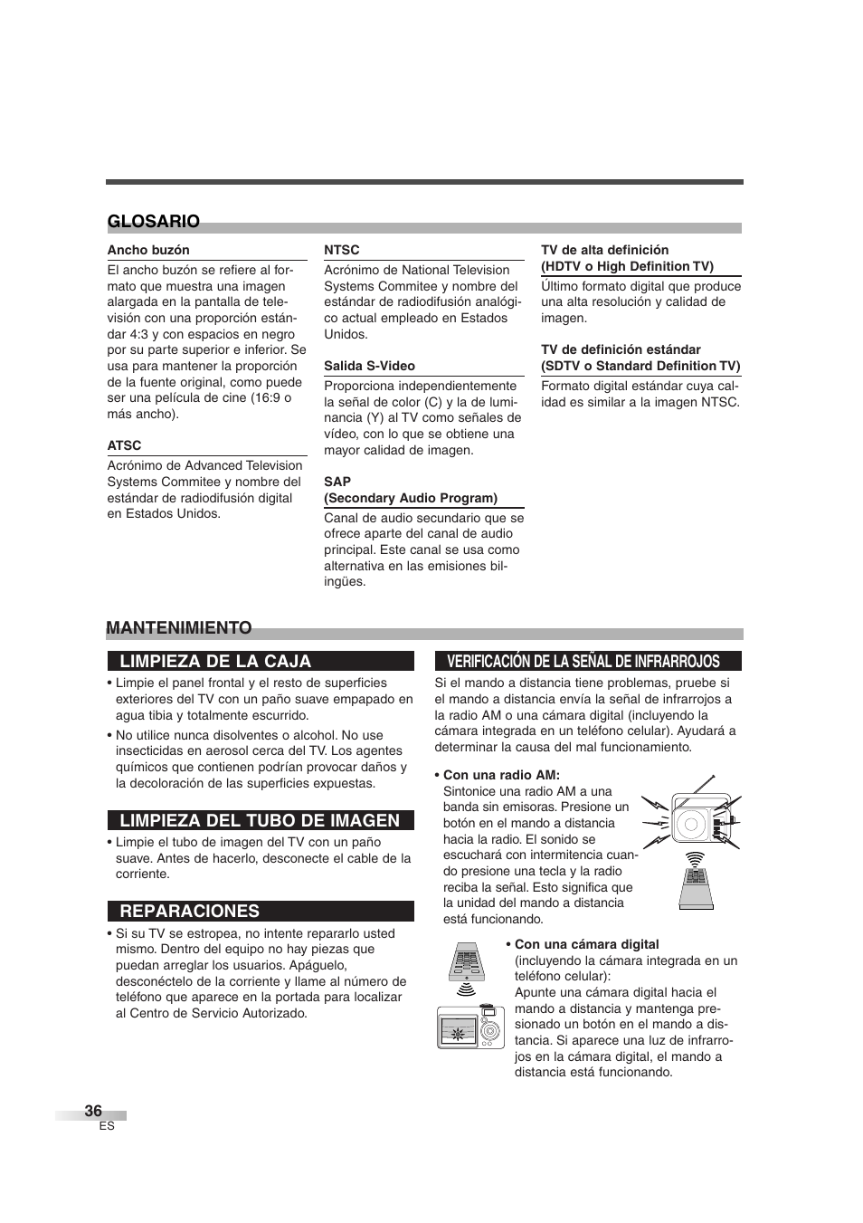 Limpieza de la caja, Limpieza del tubo de imagen, Reparaciones | Verificación de la señal de infrarrojos, Mantenimiento glosario | FUNAI IWT3206 User Manual | Page 74 / 76