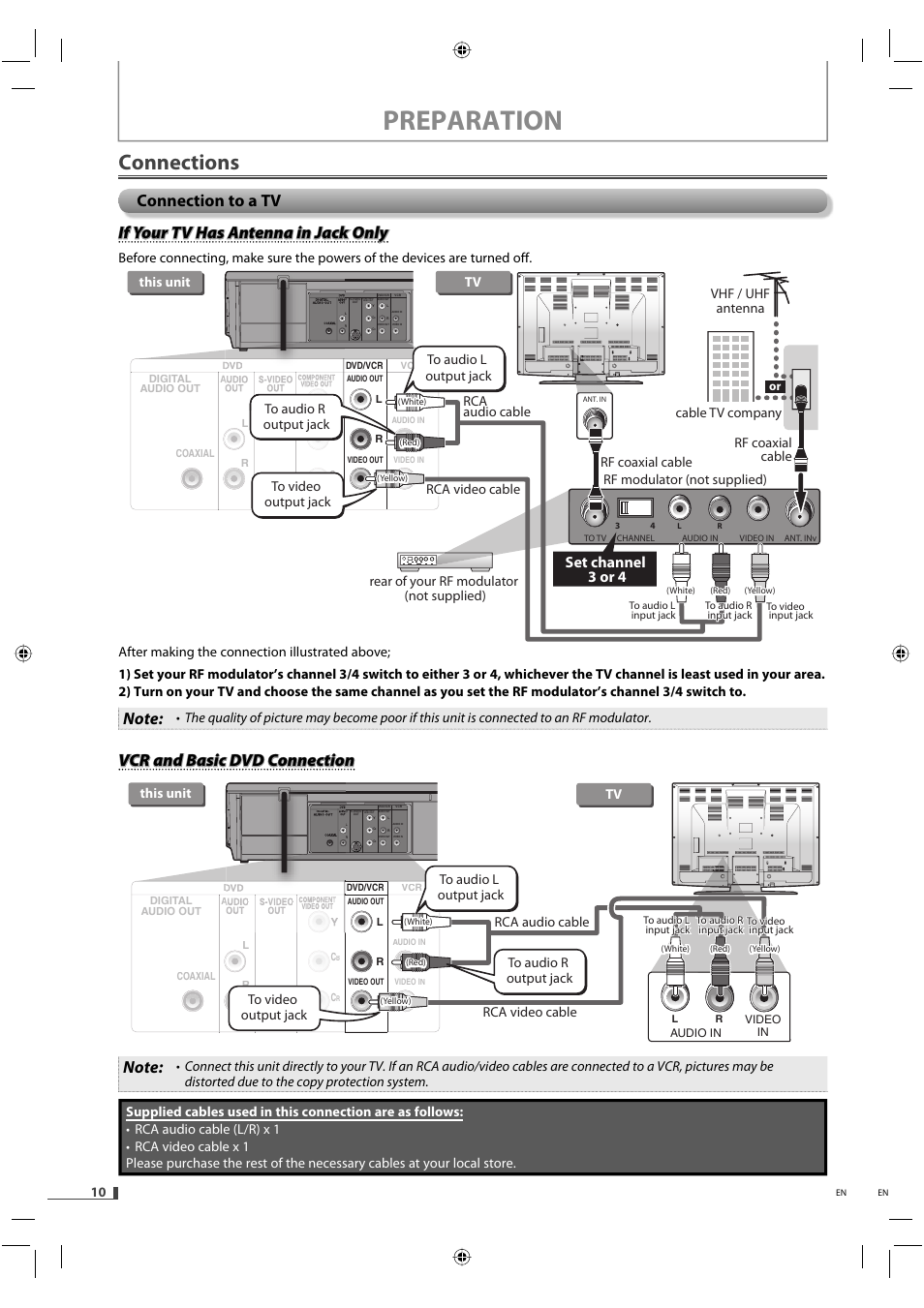 Preparation, Connections, Vcr and basic dvd connection | Set channel 3 or 4, Rf coaxial cable rf modulator (not supplied) | FUNAI DVD/CD Player with Video Cassette Recorder DVD3315V User Manual | Page 10 / 28
