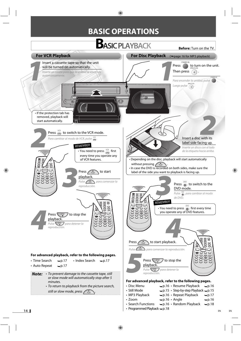 Basic operations | FUNAI DVD/CD Player with Video Cassette Recorder DVD3315V User Manual | Page 14 / 28