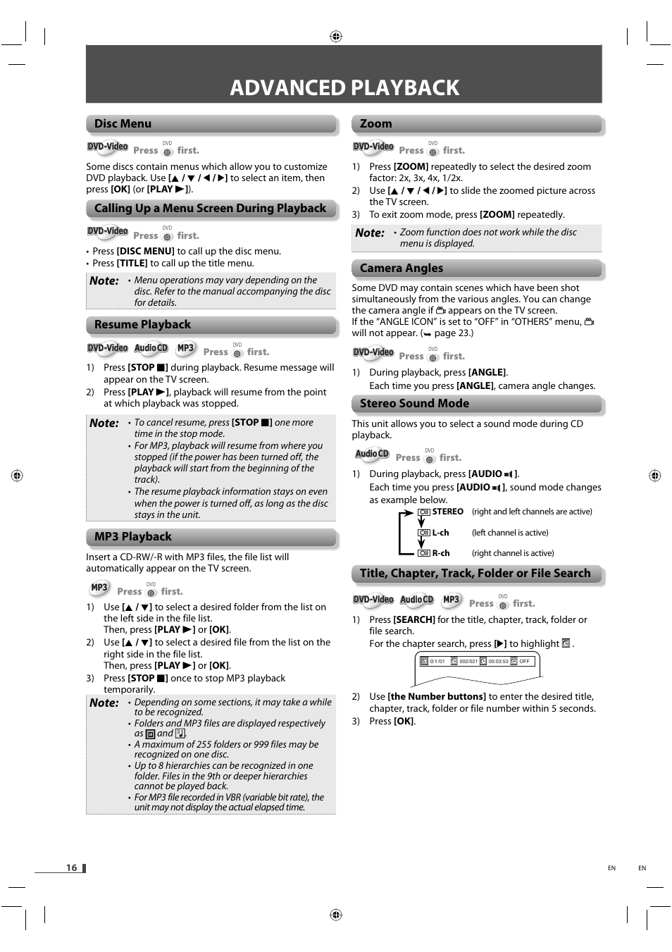 Advanced playback, Disc menu, Calling up a menu screen during playback | Resume playback, Mp3 playback, Zoom, Camera angles, Stereo sound mode, Title, chapter, track, folder or file search | FUNAI DVD/CD Player with Video Cassette Recorder DVD3315V User Manual | Page 16 / 28