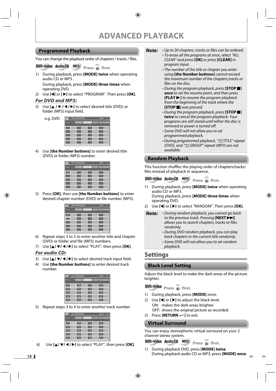 Advanced playback, Settings, Random playback | Black level setting, Virtual surround, Programmed playback, For dvd and mp3, For audio cd, Press, Dvd-video | FUNAI DVD/CD Player with Video Cassette Recorder DVD3315V User Manual | Page 18 / 28