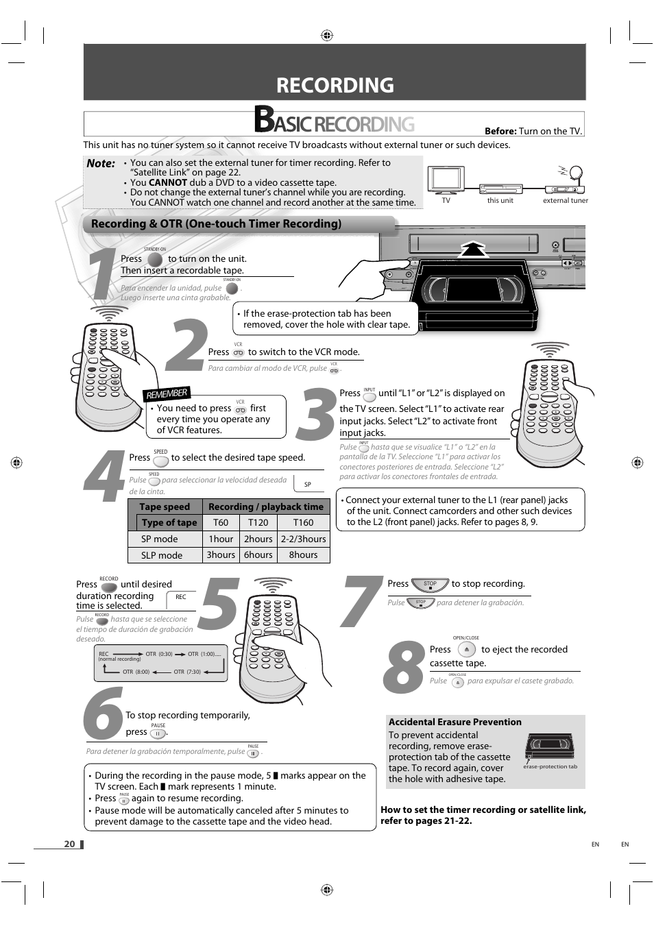 Recording | FUNAI DVD/CD Player with Video Cassette Recorder DVD3315V User Manual | Page 20 / 28