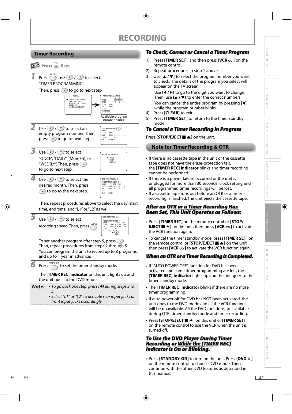 Recording, Timer recording, When an otr or a timer recording is completed | FUNAI DVD/CD Player with Video Cassette Recorder DVD3315V User Manual | Page 21 / 28