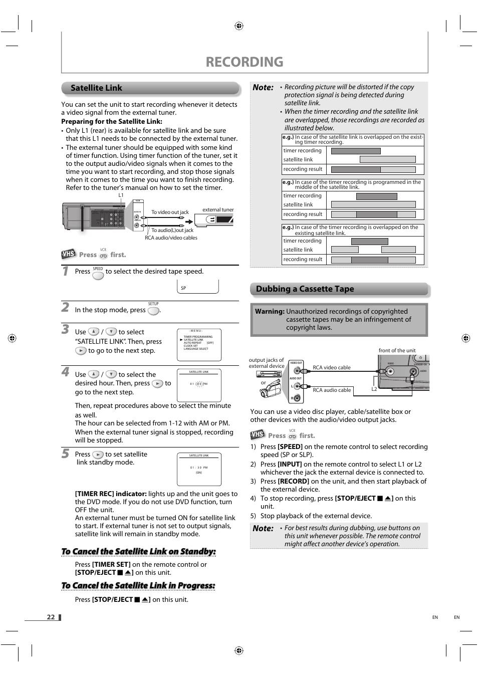 Recording, Satellite link, Dubbing a cassette tape | FUNAI DVD/CD Player with Video Cassette Recorder DVD3315V User Manual | Page 22 / 28