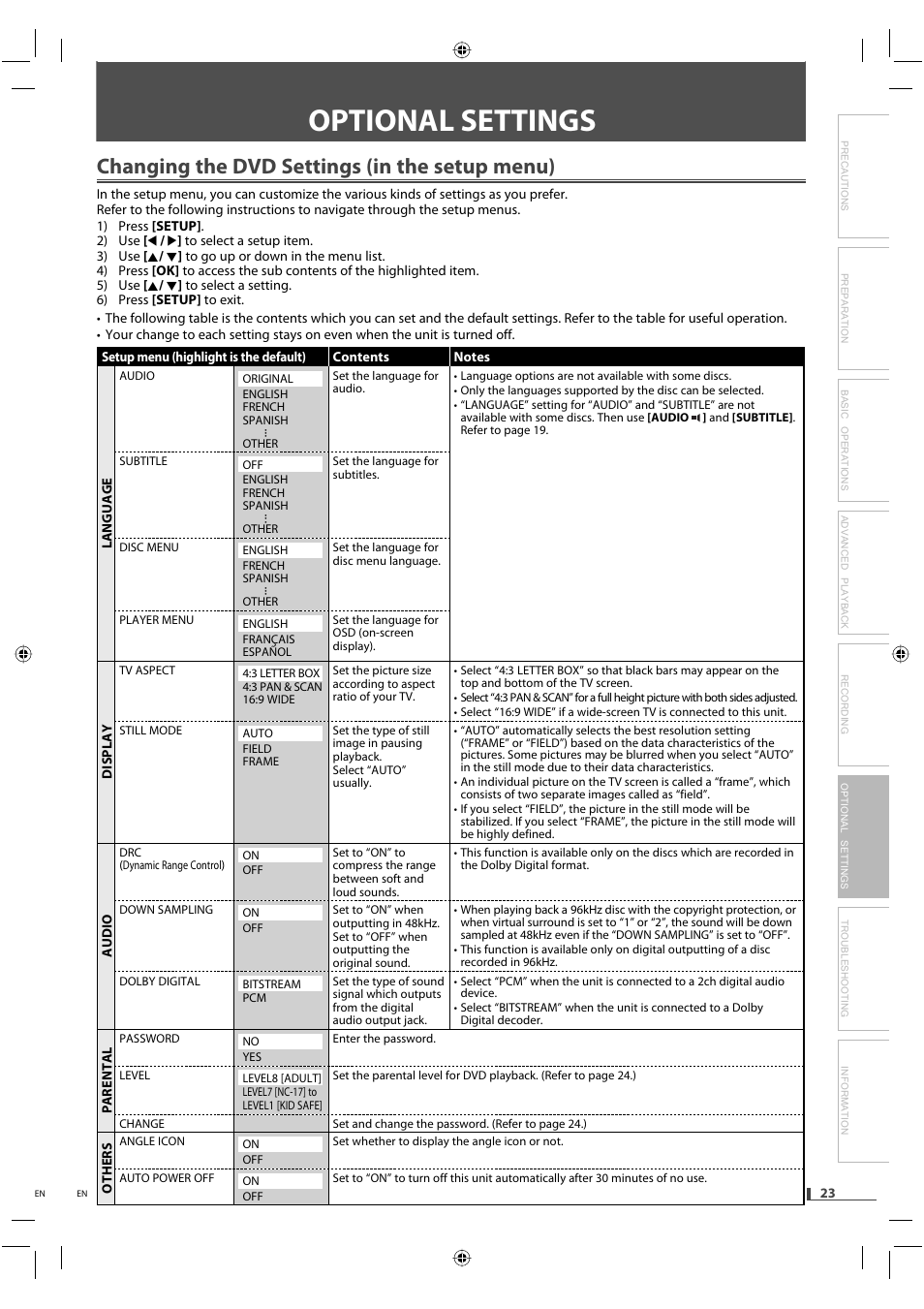 Optional settings, Changing the dvd settings (in the setup menu) | FUNAI DVD/CD Player with Video Cassette Recorder DVD3315V User Manual | Page 23 / 28