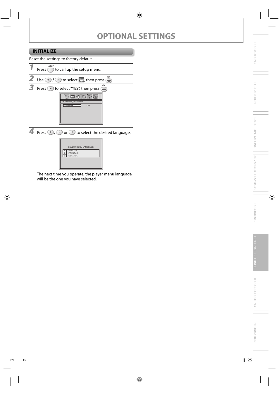 Optional settings | FUNAI DVD/CD Player with Video Cassette Recorder DVD3315V User Manual | Page 25 / 28
