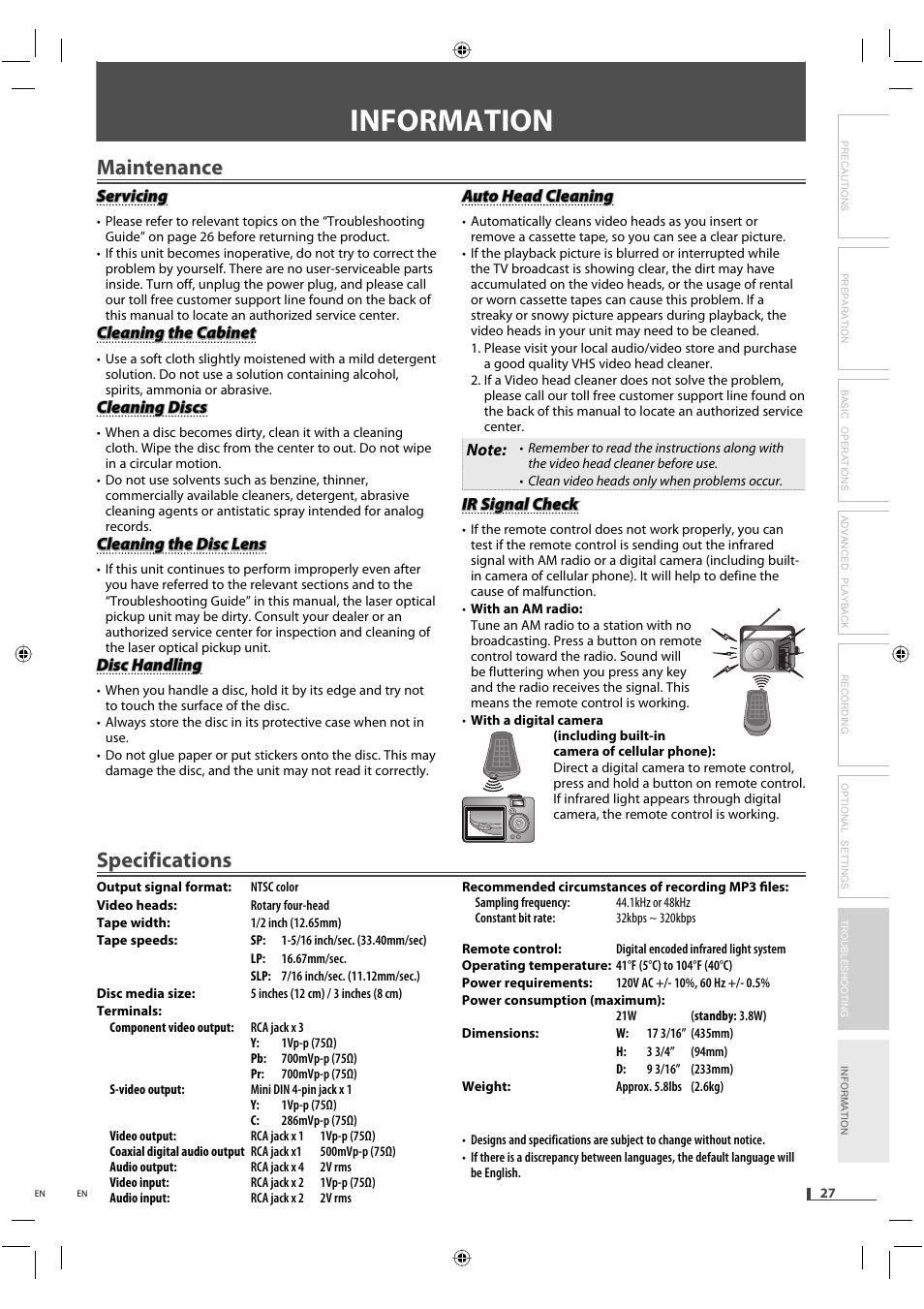 Information, Specifications, Maintenance | FUNAI DVD/CD Player with Video Cassette Recorder DVD3315V User Manual | Page 27 / 28