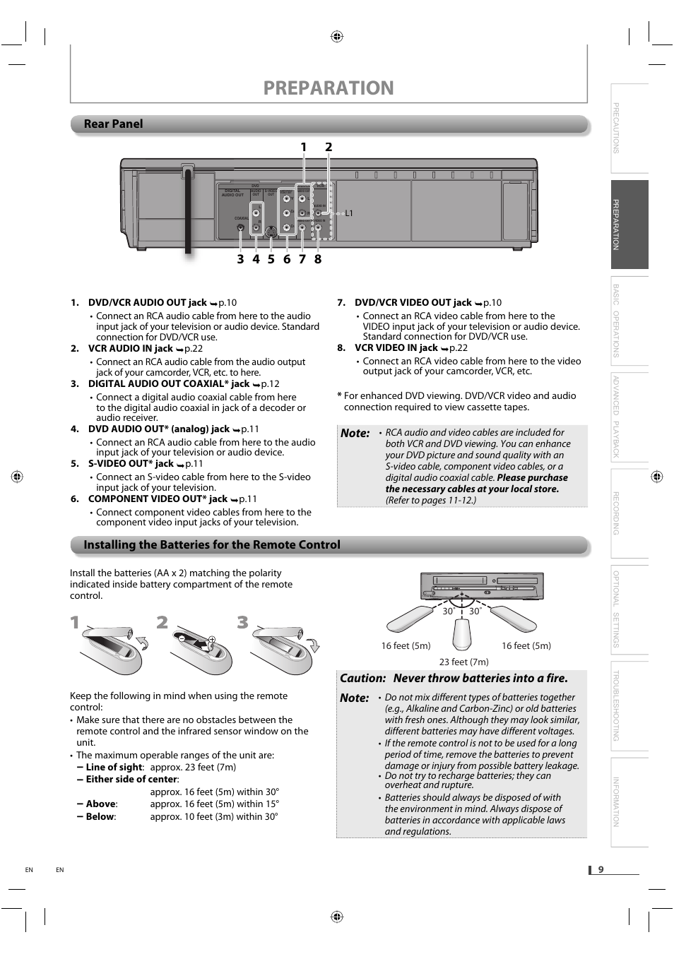 Preparation, Rear panel, Installing the batteries for the remote control | FUNAI DVD/CD Player with Video Cassette Recorder DVD3315V User Manual | Page 9 / 28