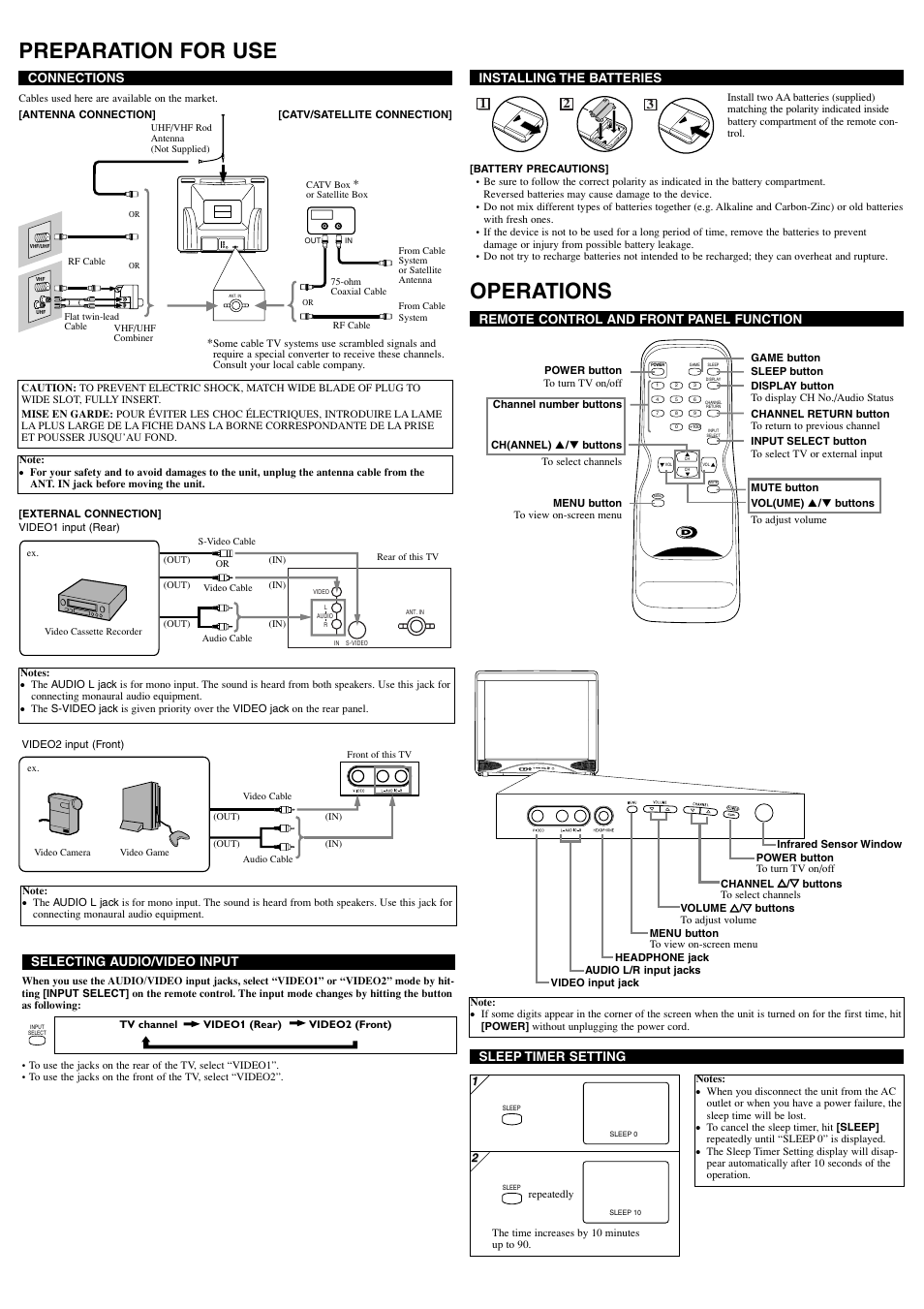 Preparation for use, Operations, Connections | Remote control and front panel function, Installing the batteries, Selecting audio/video input, Sleep timer setting | FUNAI DWT2704A User Manual | Page 2 / 8