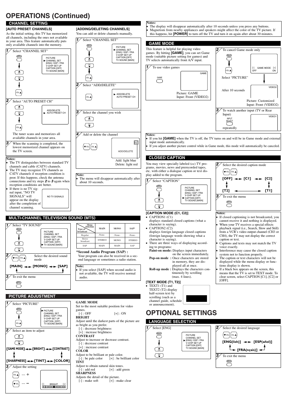 Operations (continued) optional settings, Picture adjustment, Channel setting | Language selection, Closed caption, Multi-channel television sound (mts), Game mode | FUNAI DWT2704A User Manual | Page 3 / 8