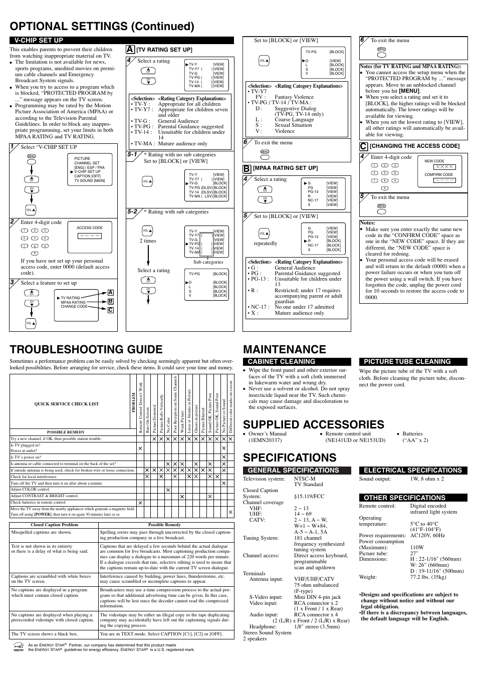 Supplied accessories, Ab c, General specifications | Electrical specifications, Other specifications, Cabinet cleaning, Picture tube cleaning, V-chip set up | FUNAI DWT2704A User Manual | Page 4 / 8