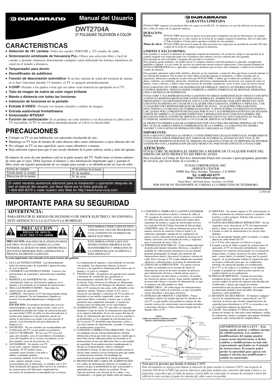Importante para su seguridad, Caracteristicas, Dwt2704a | Precauciones, Manual del usuario, Advertencia, Precaucion, 27 pulgadas television a color, Atencion | FUNAI DWT2704A User Manual | Page 5 / 8