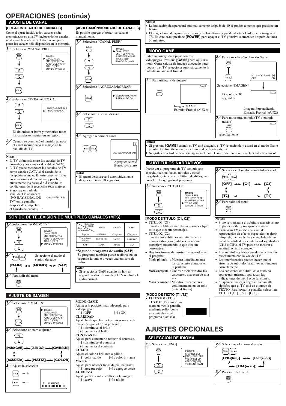 Operaciones (continúa) ajustes opcionales, Ajuste de imagen, Ajuste de canal | Seleccion de idioma, Subtitulos narrativos, Sonido de television de multiples canales (mts), Modo game | FUNAI DWT2704A User Manual | Page 7 / 8