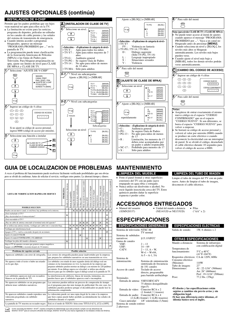 Accesorios entregados, Ab c, Especificaciones generales | Especificaciones electricas, Otras especificaciones, Limpieza del mueble, Limpieza del tubo de imagen, Instalacion de v-chip | FUNAI DWT2704A User Manual | Page 8 / 8