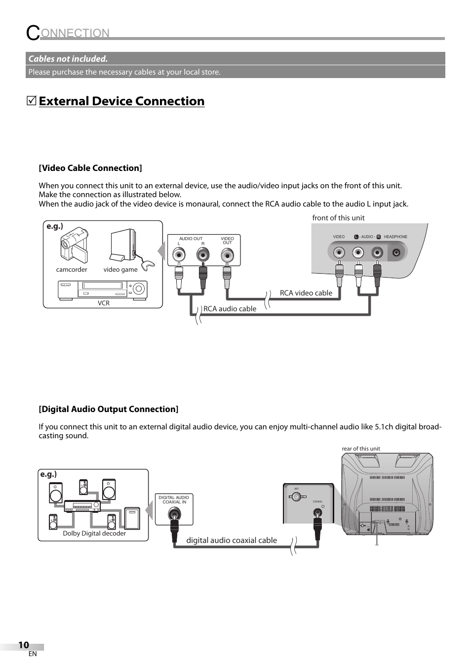 Onnection, External device connection | FUNAI V7PFDVD20 User Manual | Page 10 / 44