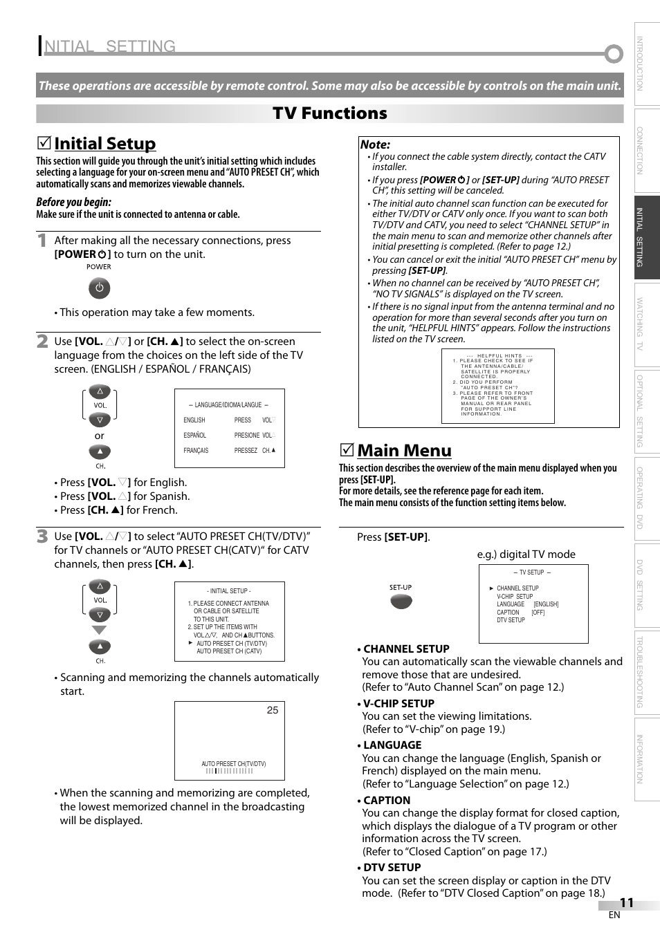 Nitial setting, Initial setup, Main menu | Tv functions | FUNAI V7PFDVD20 User Manual | Page 11 / 44