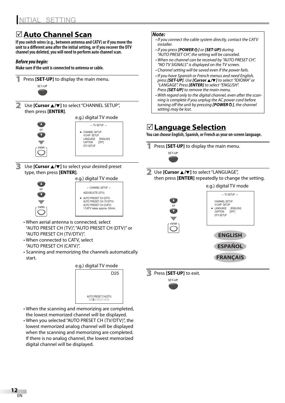 Nitial setting, Auto channel scan, Language selection | FUNAI V7PFDVD20 User Manual | Page 12 / 44