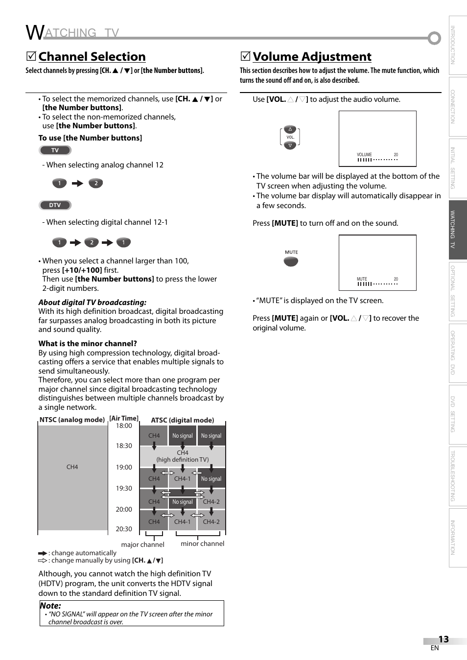 Atching tv, Channel selection, 5volume adjustment | FUNAI V7PFDVD20 User Manual | Page 13 / 44