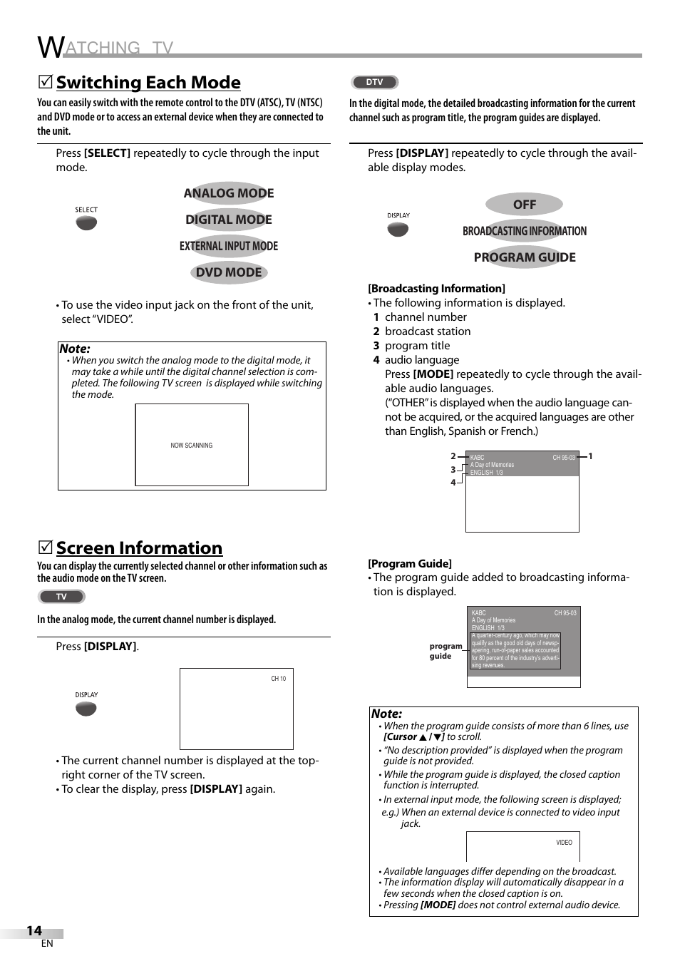 Atching tv, Switching each mode, Screen information | FUNAI V7PFDVD20 User Manual | Page 14 / 44