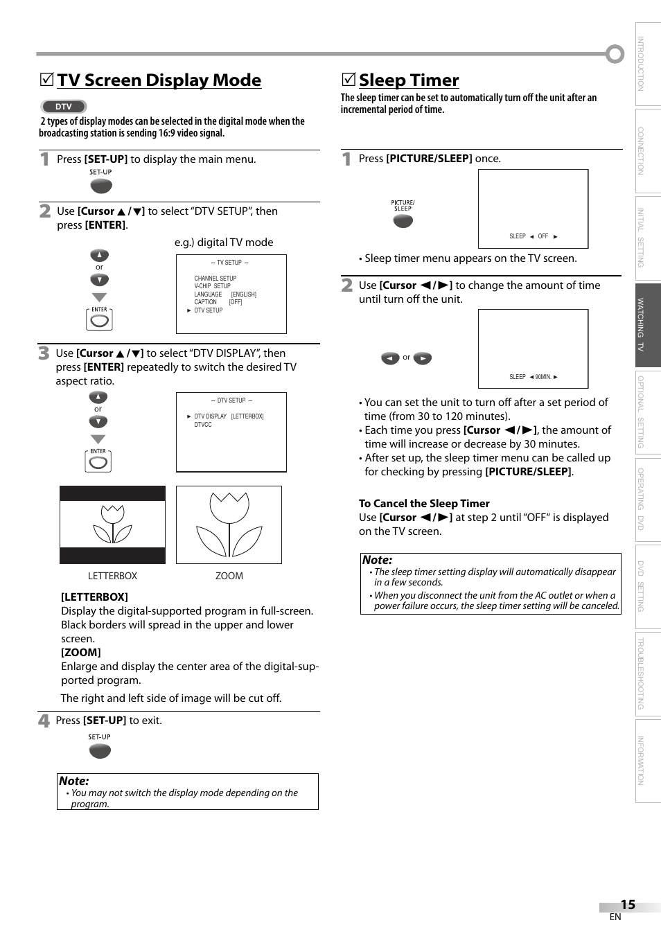 Tv screen display mode, 5sleep timer | FUNAI V7PFDVD20 User Manual | Page 15 / 44