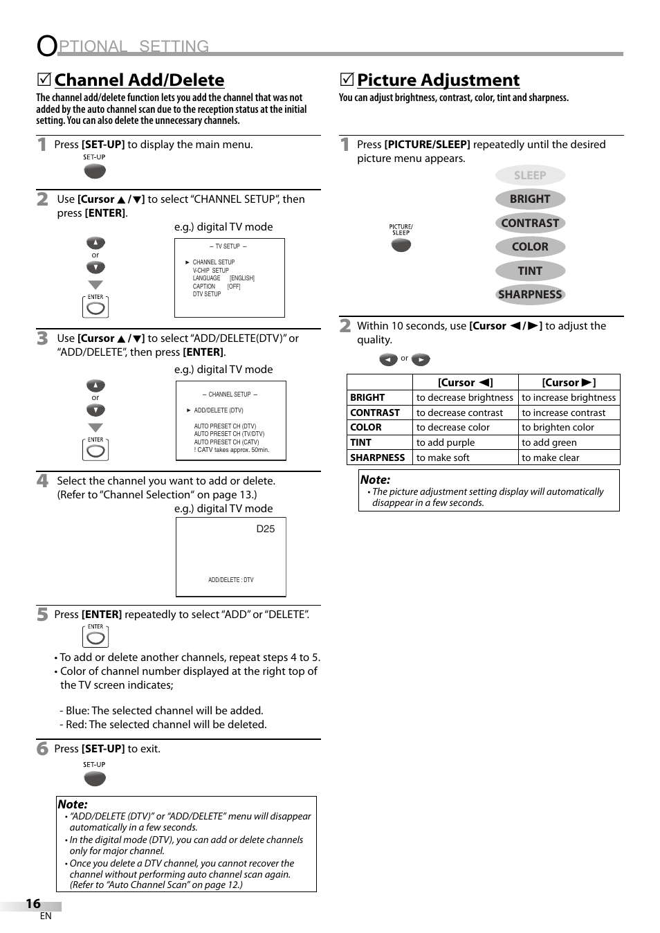Ptional setting, Channel add/delete, 5picture adjustment | FUNAI V7PFDVD20 User Manual | Page 16 / 44