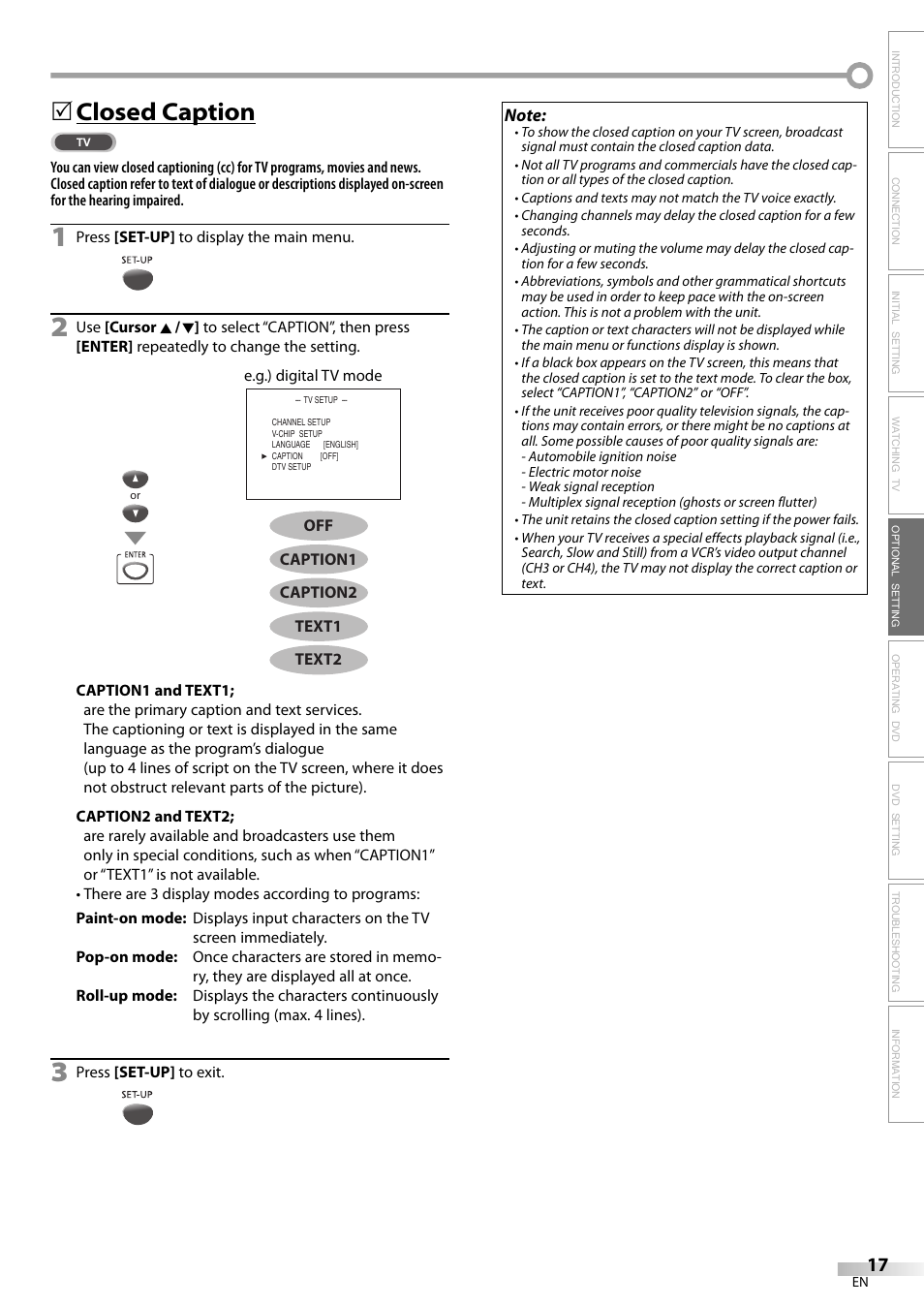 Closed caption | FUNAI V7PFDVD20 User Manual | Page 17 / 44