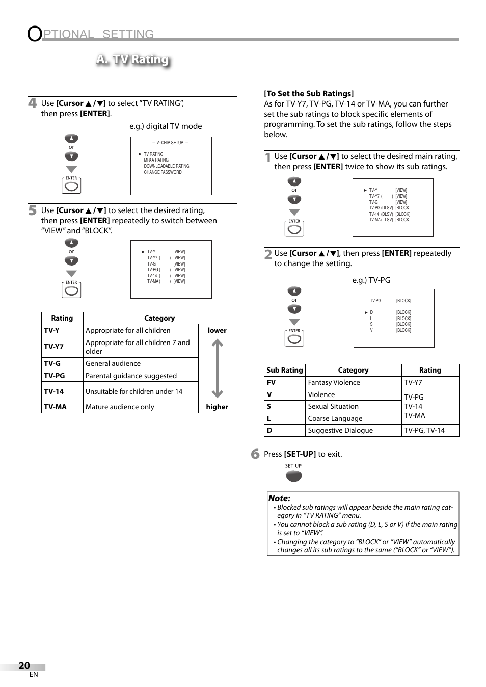 Ptional setting, A. tv rating | FUNAI V7PFDVD20 User Manual | Page 20 / 44