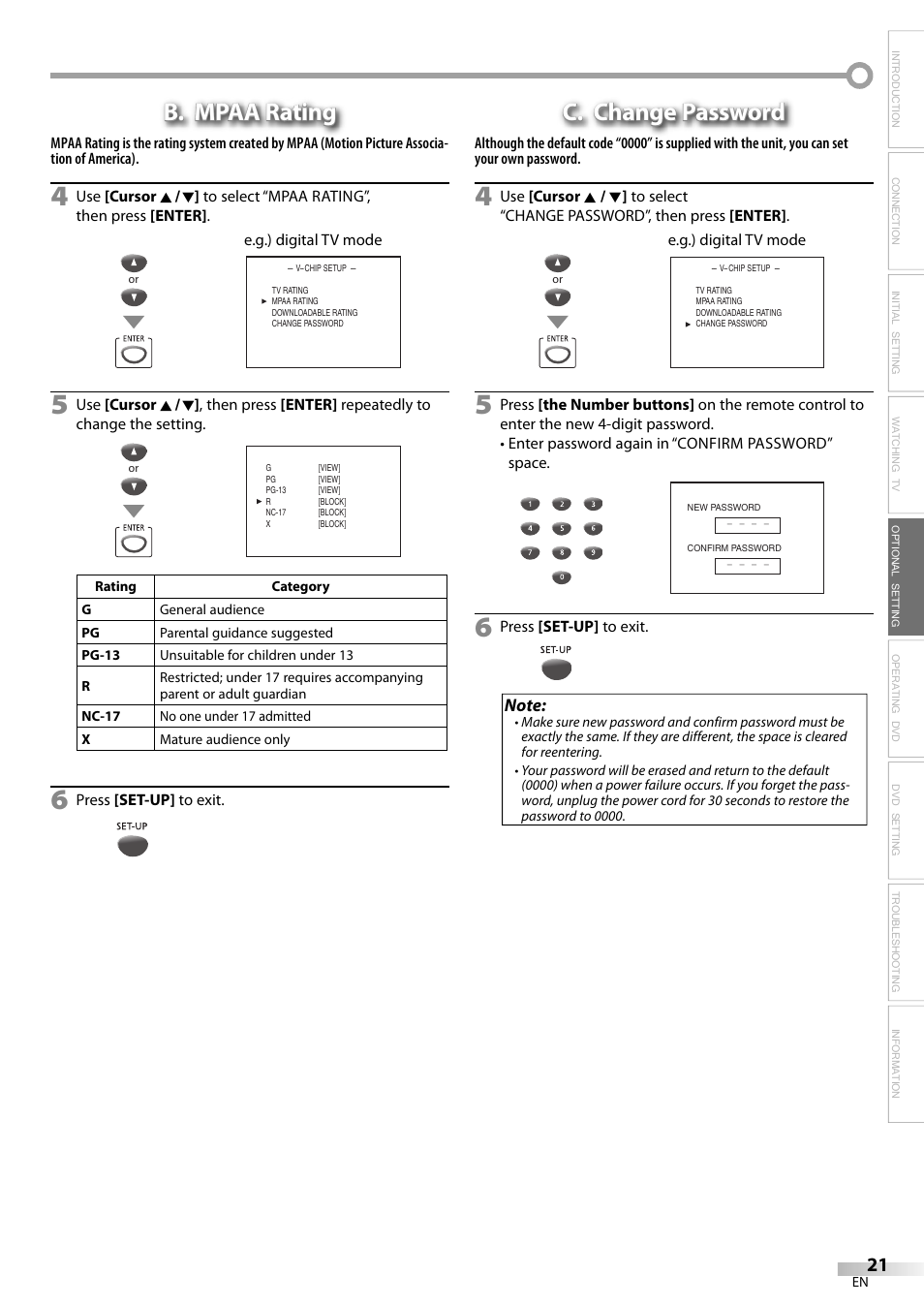 B. mpaa rating, C. change password | FUNAI V7PFDVD20 User Manual | Page 21 / 44