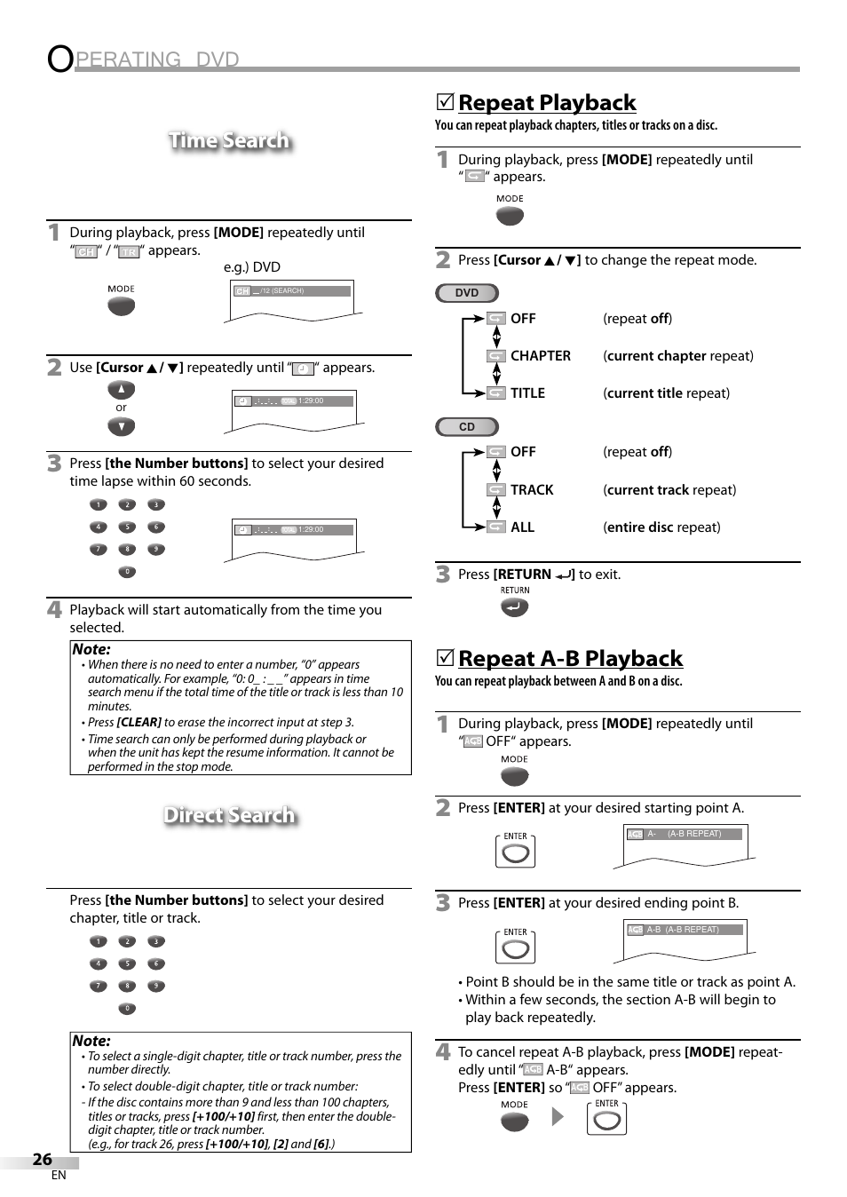 Perating dvd, Time search, Direct search | Repeat playback, Repeat a-b playback | FUNAI V7PFDVD20 User Manual | Page 26 / 44