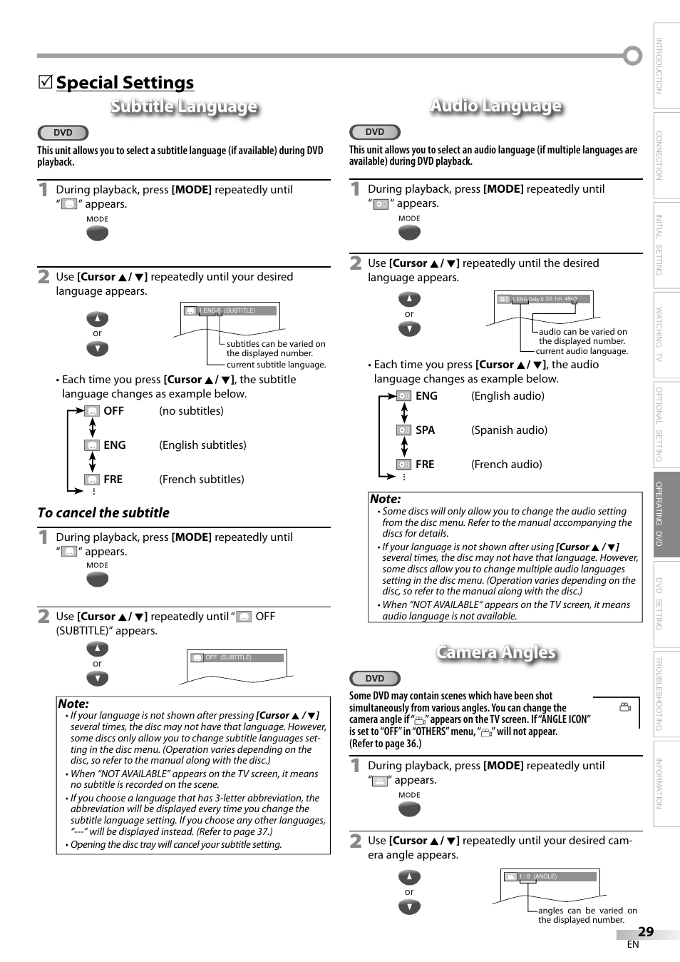 5audio language audio language, Camera angles | FUNAI V7PFDVD20 User Manual | Page 29 / 44