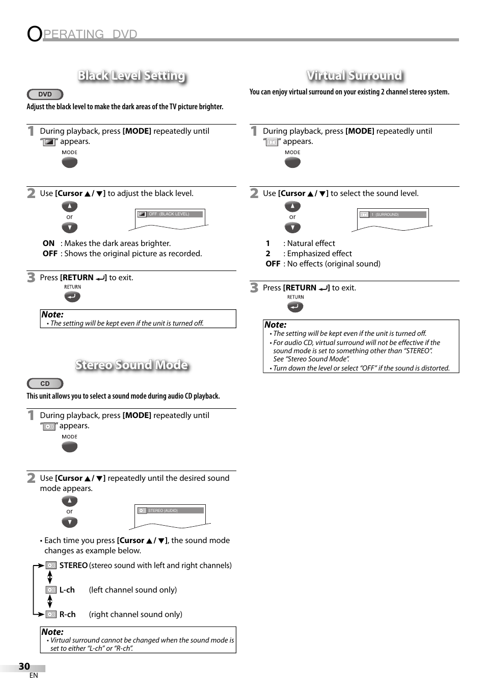 Perating dvd, Black level setting, Stereo sound mode | Virtual surround | FUNAI V7PFDVD20 User Manual | Page 30 / 44