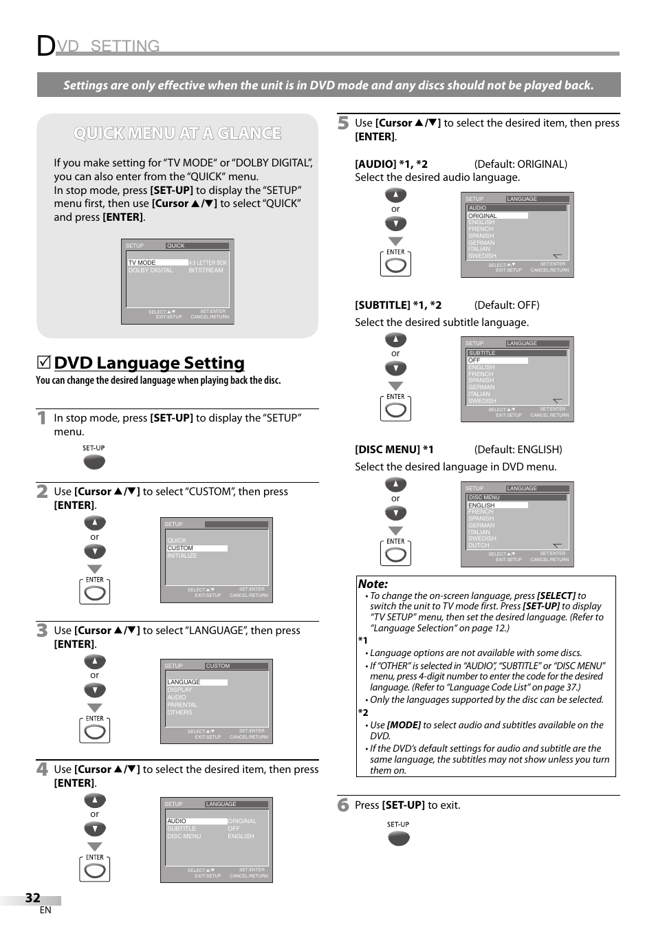 Vd setting, Quick menu at a glance, Dvd language setting | FUNAI V7PFDVD20 User Manual | Page 32 / 44