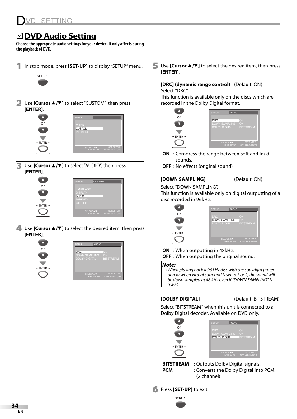 Vd setting, Dvd audio setting | FUNAI V7PFDVD20 User Manual | Page 34 / 44