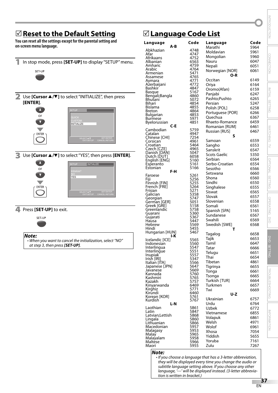 Reset to the default setting, 5language code list | FUNAI V7PFDVD20 User Manual | Page 37 / 44