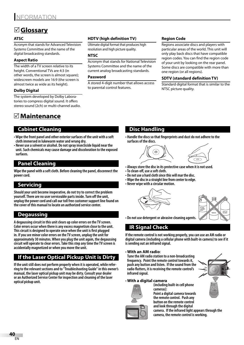 Nformation, Maintenance 5 glossary 5 | FUNAI V7PFDVD20 User Manual | Page 40 / 44