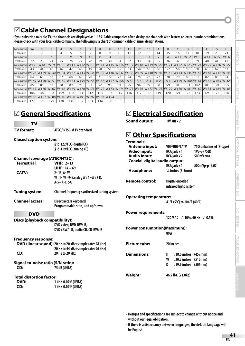 5electrical specification, Other specifications | FUNAI V7PFDVD20 User Manual | Page 41 / 44