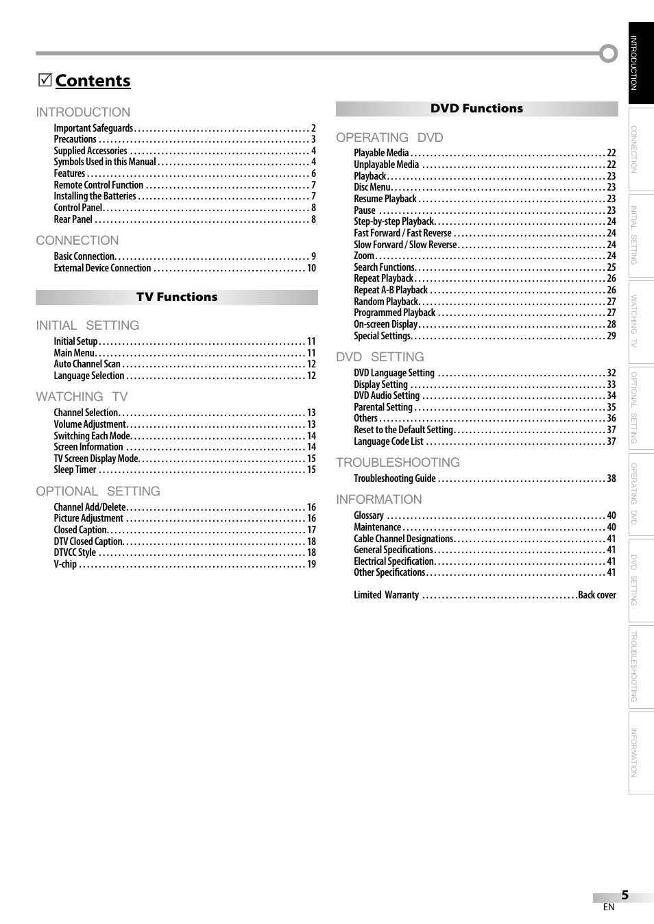 Introduction, Connection, Initial setting | Watching tv, Optional setting, Operating dvd, Dvd setting, Troubleshooting, Information, Contents 5 | FUNAI V7PFDVD20 User Manual | Page 5 / 44