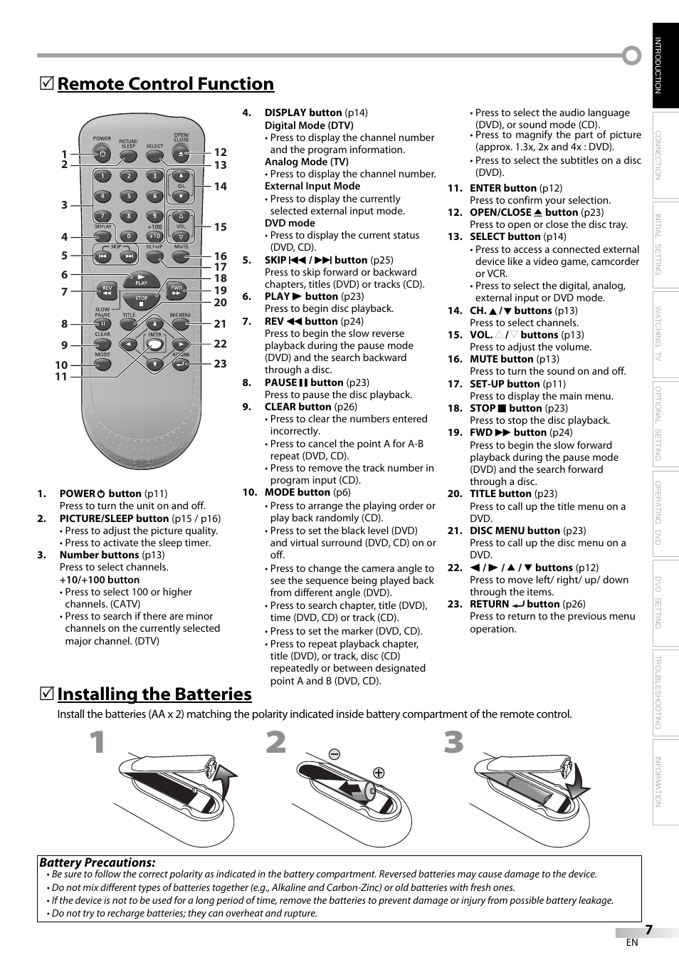 Remote control function 5, Installing the batteries | FUNAI V7PFDVD20 User Manual | Page 7 / 44