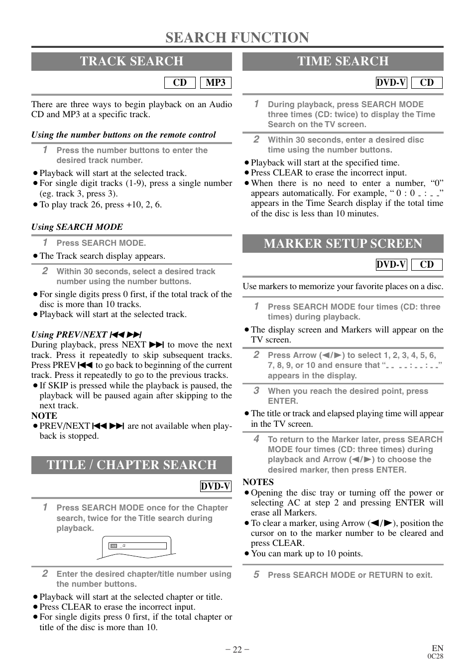 Search function, Track search, Title / chapter search | Time search, Marker setup screen | FUNAI MSD520FE User Manual | Page 22 / 40