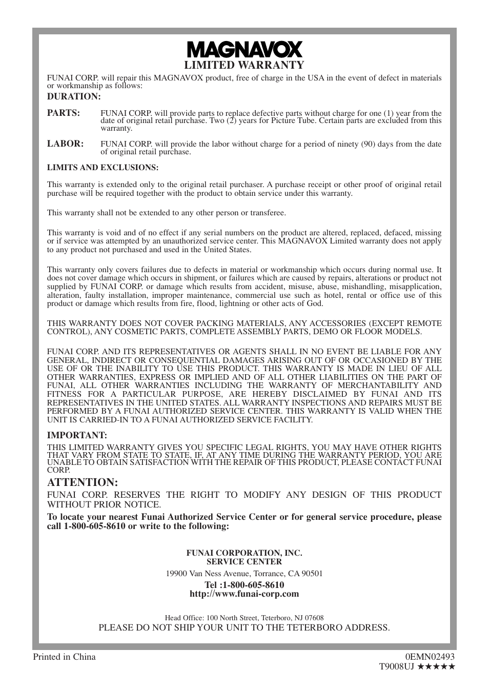 Limited warranty, Attention | FUNAI MSD520FE User Manual | Page 40 / 40