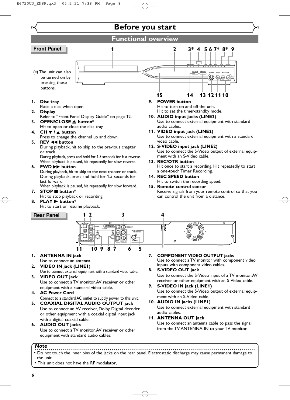 Before you start, Functional overview, 8front panel | Rear panel | FUNAI EWR10D5 User Manual | Page 10 / 82