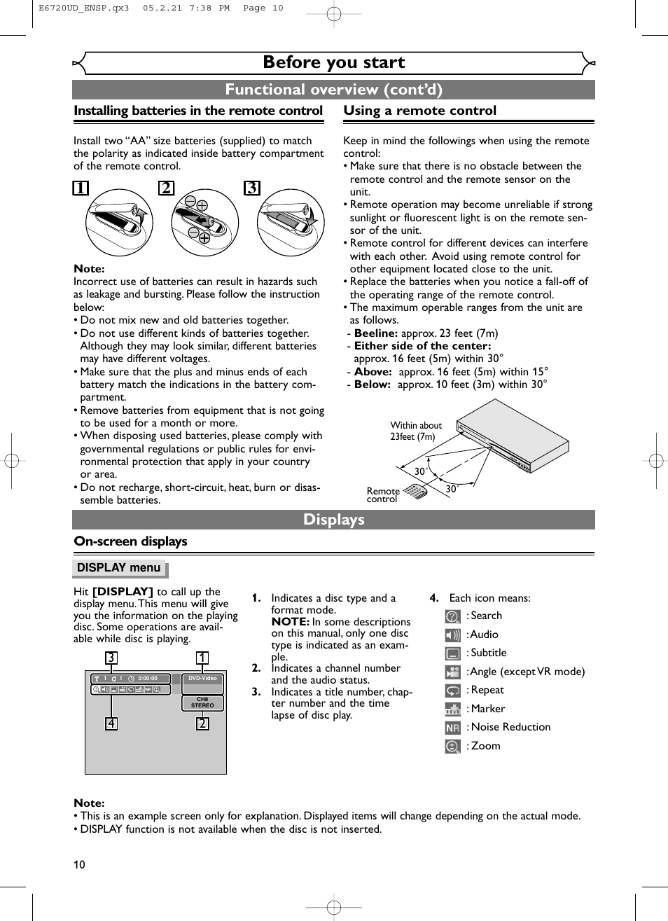 Before you start, Functional overview (cont’d), Displays | Using a remote control, Installing batteries in the remote control, On-screen displays | FUNAI EWR10D5 User Manual | Page 12 / 82