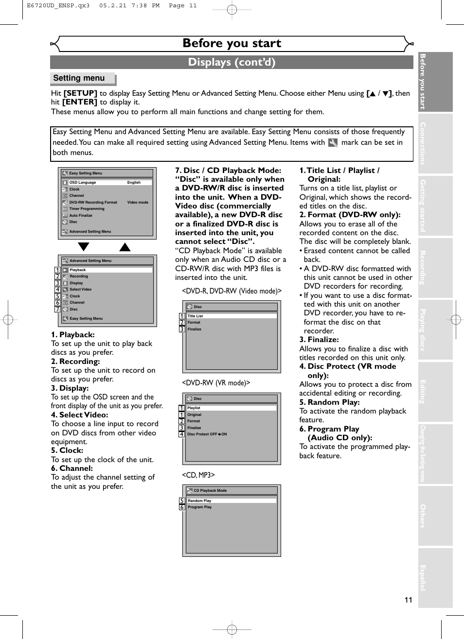 Before you start, Displays (cont’d) | FUNAI EWR10D5 User Manual | Page 13 / 82