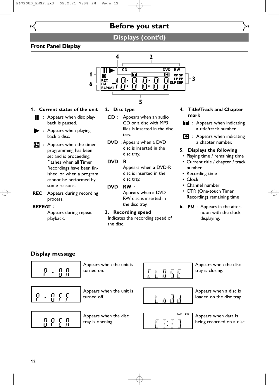 Before you start, Displays (cont’d) | FUNAI EWR10D5 User Manual | Page 14 / 82