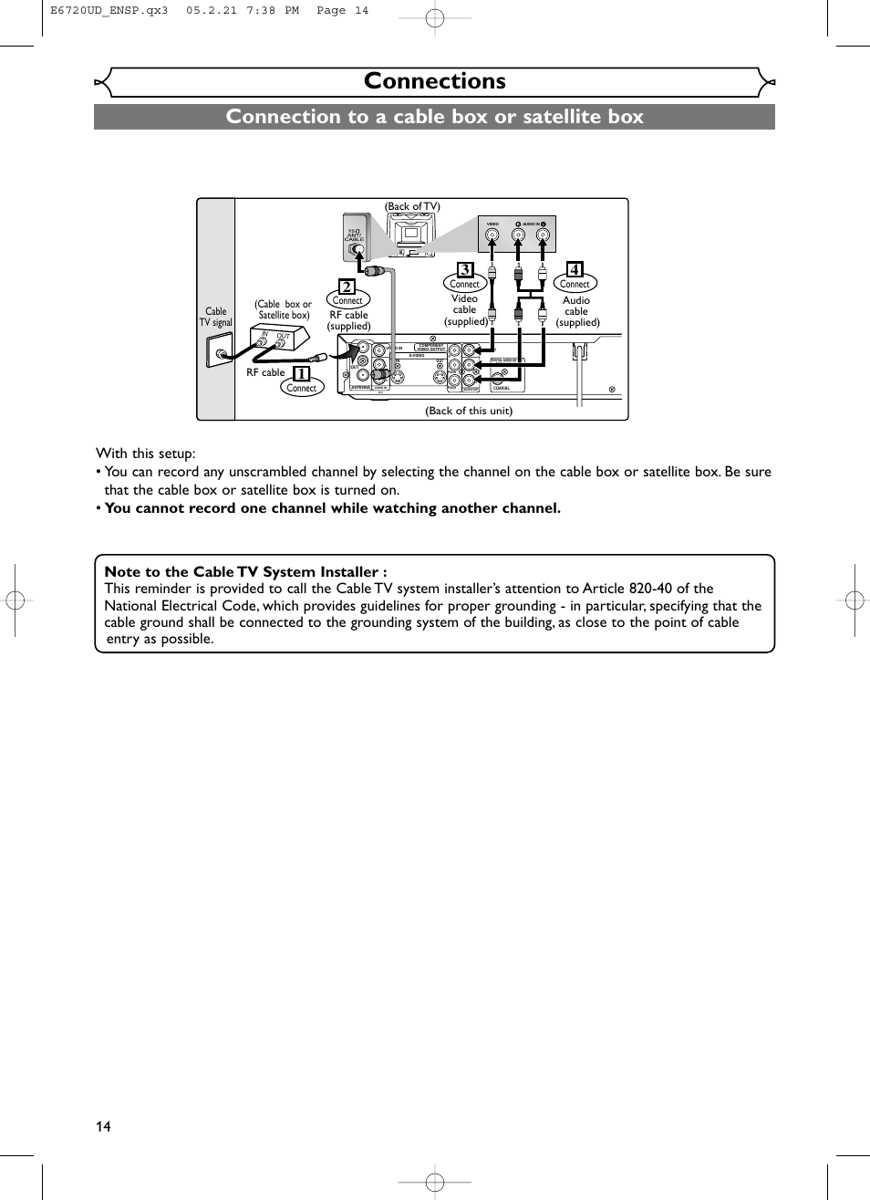 Connections, Connection to a cable box or satellite box | FUNAI EWR10D5 User Manual | Page 16 / 82