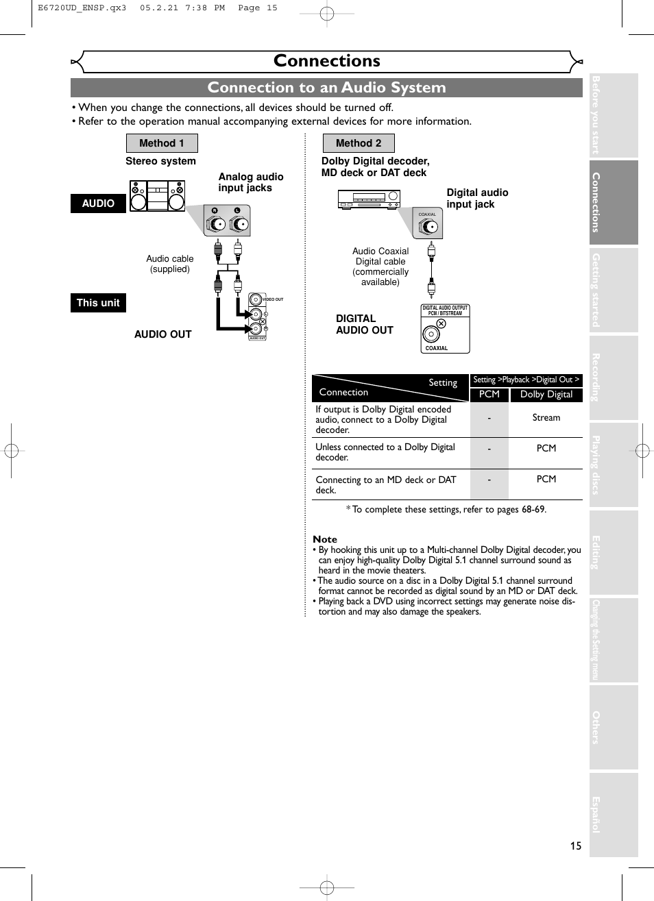 Connections, Connection to an audio system | FUNAI EWR10D5 User Manual | Page 17 / 82