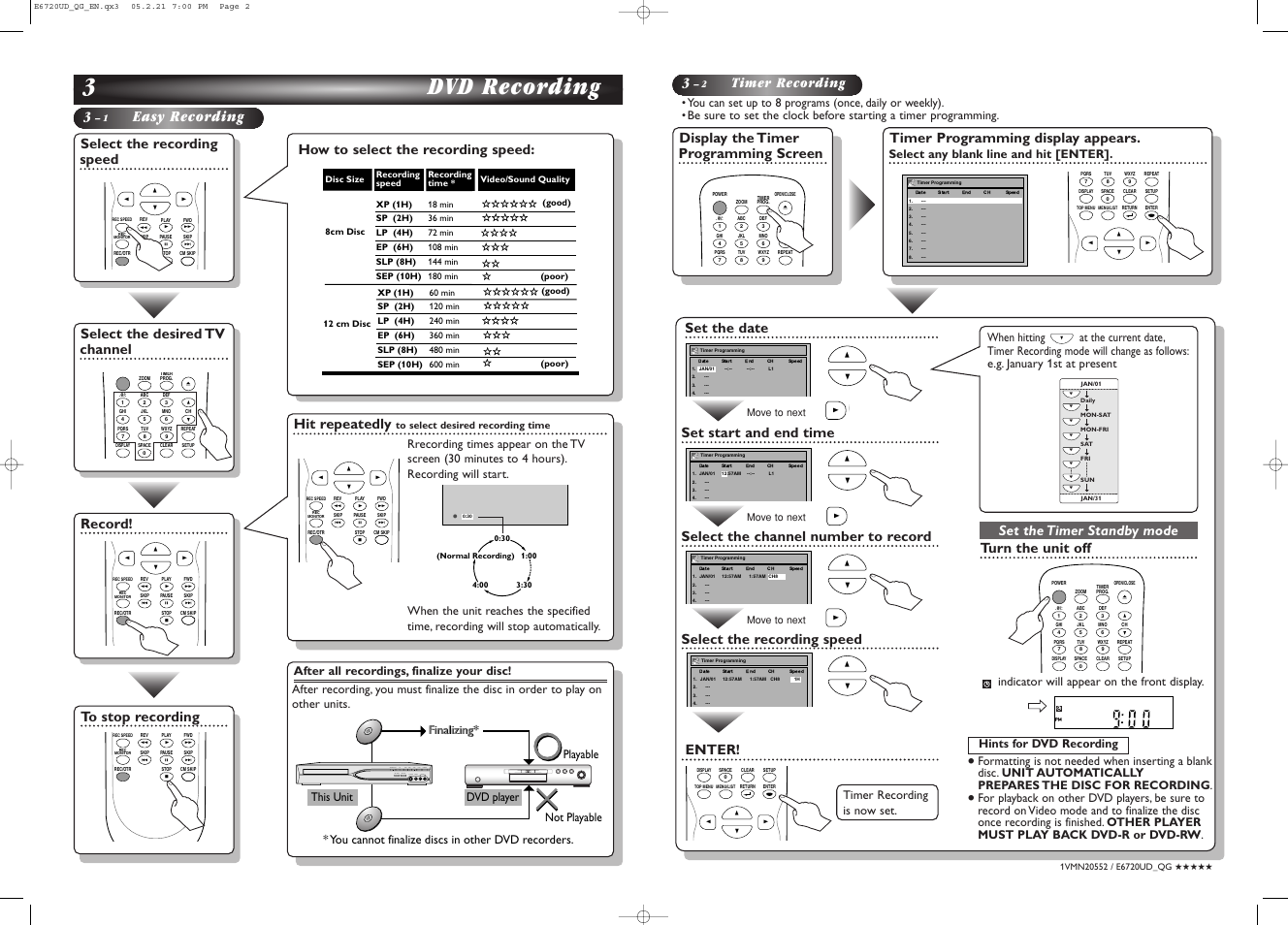 3dvd recording, Easy recording, Timer recording | Select the recording speed, Record, Select the desired tv channel, How to select the recording speed, Hit repeatedly, Display the timer programming screen, Timer programming display appears | FUNAI EWR10D5 User Manual | Page 2 / 82